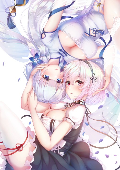 2girls azur_lane black_dress blue_eyes breasts bursting_breasts china_dress chinese_clothes cleavage cleavage_cutout clothing_cutout collar dress framed_breasts hair_between_eyes illustrious_(azur_lane) illustrious_(maiden_lily's_radiance)_(azur_lane) imo_bouya large_breasts long_hair looking_at_viewer lying metal_collar multiple_girls on_back puffy_short_sleeves puffy_sleeves red_eyes short_hair short_sleeves sirius_(azur_lane) thighhighs white_dress white_hair white_thighhighs zettai_ryouiki