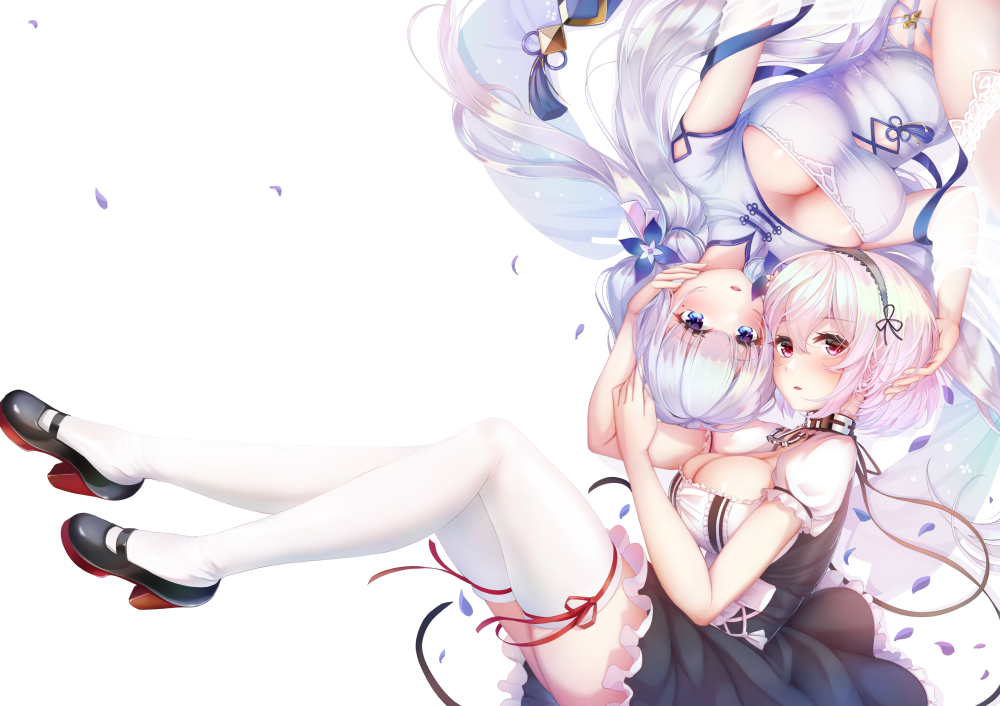2girls azur_lane black_dress black_footwear blue_eyes breasts bursting_breasts china_dress chinese_clothes cleavage cleavage_cutout clothing_cutout collar dress framed_breasts full_body hair_between_eyes illustrious_(azur_lane) illustrious_(maiden_lily's_radiance)_(azur_lane) imo_bouya large_breasts long_hair looking_at_viewer lying metal_collar multiple_girls on_back puffy_short_sleeves puffy_sleeves red_eyes shoes short_hair short_sleeves simple_background sirius_(azur_lane) thighhighs white_background white_dress white_hair white_thighhighs zettai_ryouiki