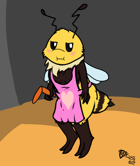 2_toes 3_fingers annoyed_expression anthro apron apron_only arthropod bee blush blush_lines boomerang breasts brown_eyes bug_fables cleavage clothed clothing feet female fingers heart_clothing holding_object holding_weapon hymenopteran insect insect_wings lendri_mujina moonsprout_games mostly_nude neck_tuft no_sclera pink_clothing solo standing stinger_(anatomy) toes tuft vi_(bug_fables) weapon wings