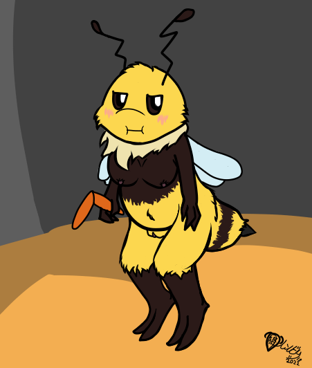 annoyed_expression anthro arthropod bee blush blush_lines boomerang breasts brown_eyes bug_fables female genitals hymenopteran insect insect_wings lendri_mujina moonsprout_games neck_tuft nipples no_sclera nude pussy solo standing stinger_(anatomy) tuft vi_(bug_fables) wings
