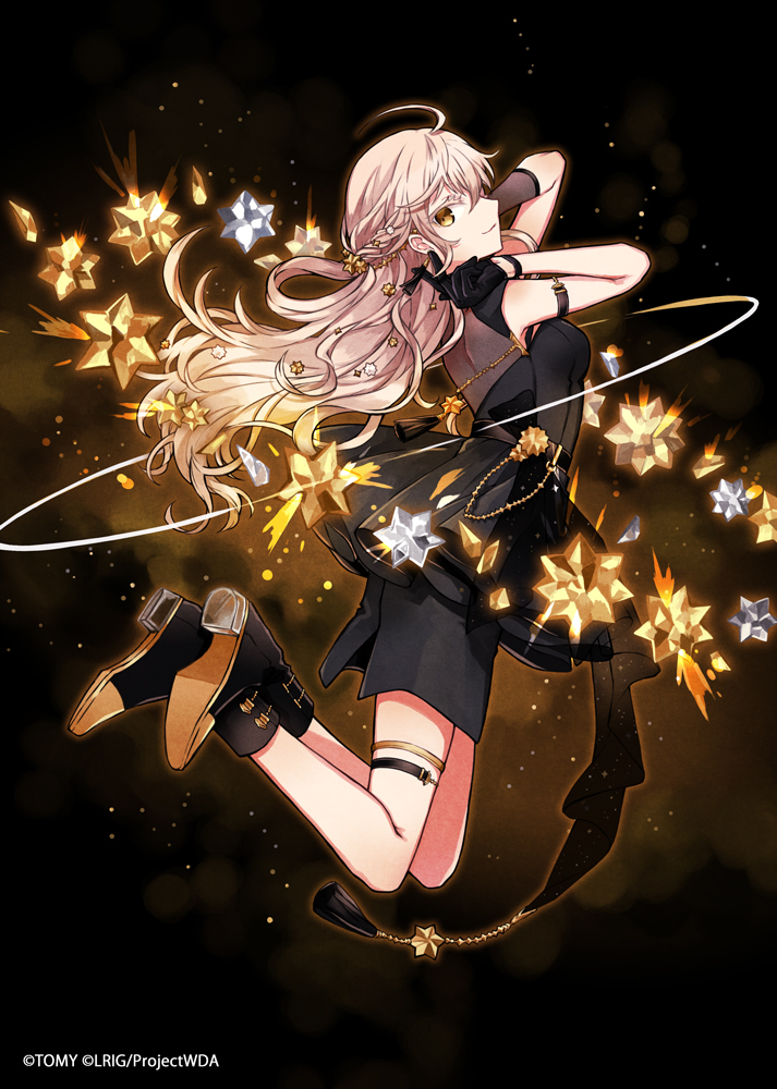 1girl ankle_boots arm_strap asymmetrical_gloves belt black_background black_belt black_dress black_footwear black_gloves blonde_hair boots buzz copyright dress earrings from_side full_body gloves hair_between_eyes hair_ornament half_updo hands_up jewelry layered_dress legs_up lostorage_wixoss official_art planetary_ring profile sleeveless sleeveless_dress small_stellated_dodecahedron smile solo star_(symbol) star_hair_ornament tassel tassel_earrings thigh_strap wixoss yellow_eyes