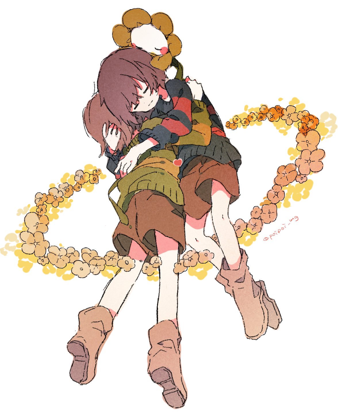 3others blue_sweater blush_stickers boots brown_footwear brown_hair brown_shorts chara_(undertale) closed_eyes double_horizontal_stripe floating flower flower_wreath flowey_(undertale) frisk_(undertale) green_sweater hazime highres hug multiple_others shorts single_horizontal_stripe striped striped_sweater sweater twitter_username undertale yellow_flower