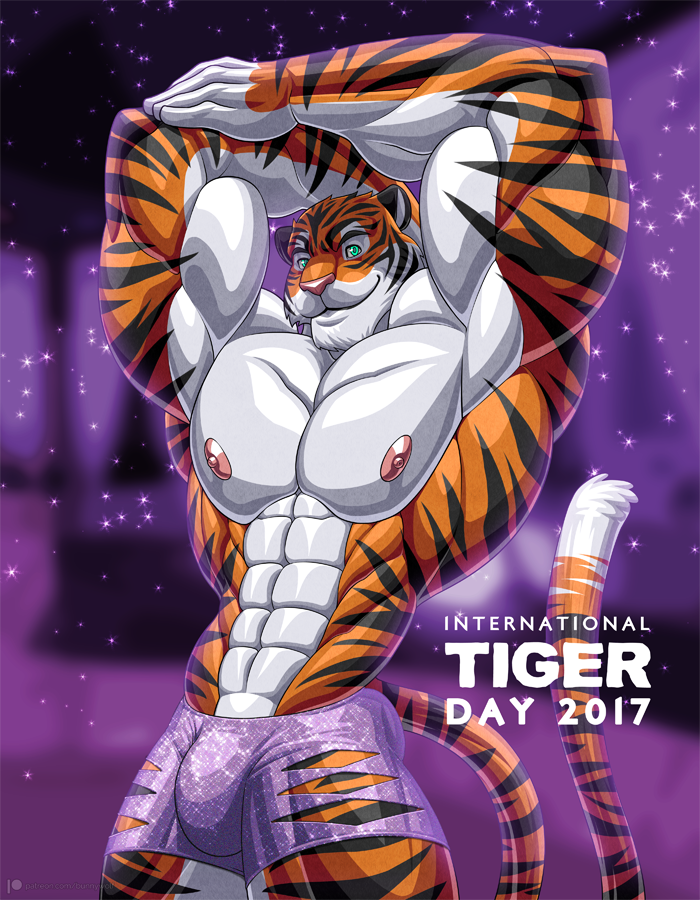 2017 abs anthro bottomwear bulge clothed clothing digital_media_(artwork) disney feathers felid fingers fur male mammal multicolored_body multicolored_fur muscular muscular_anthro muscular_male nipples orange_body orange_fur pantherine pink_nose pose smile striped_body striped_fur stripes tail_tuft tiger tiger_dancer_(zootopia) topless tuft underwear white_body white_feathers wolfiecanem zootopia