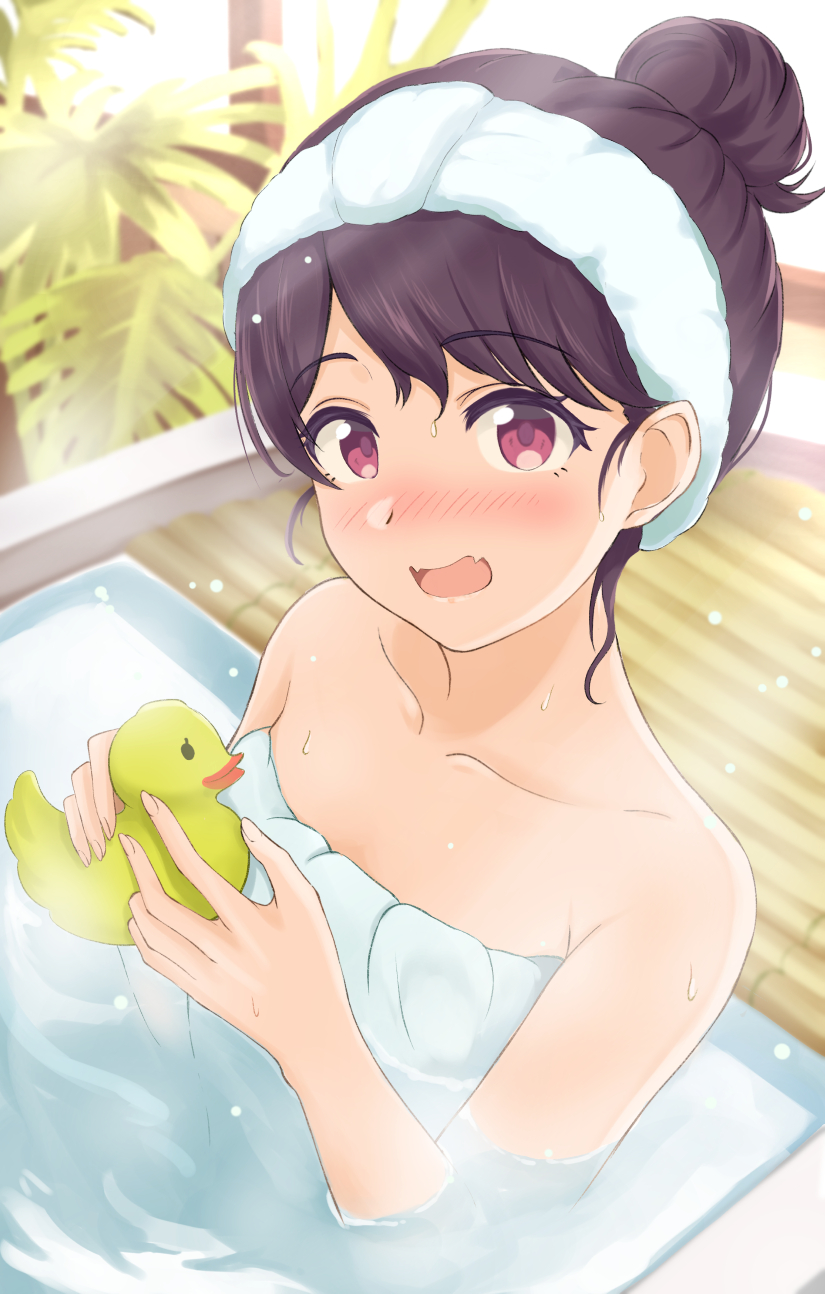 1girl artist_request bare_shoulders bathing bathtub black_hair collarbone commentary_request fangs fukumaru_koito hair_bun highres idolmaster idolmaster_shiny_colors looking_at_viewer naked_towel open_mouth partially_submerged purple_eyes rubber_duck single_hair_bun skin_fangs solo steam towel water wet