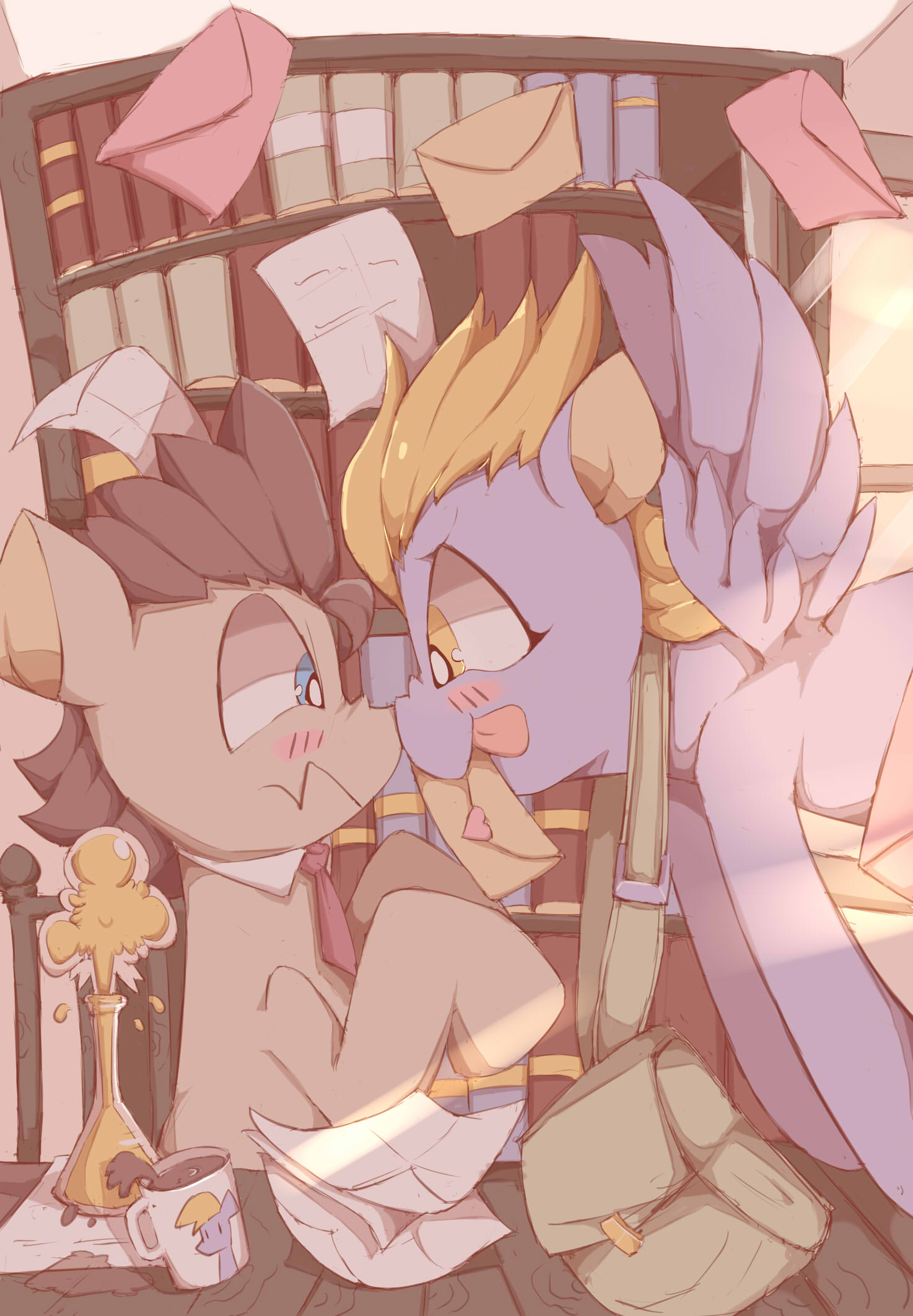 2016 aspirindabaitu beaker beverage blonde_hair blue_eyes blush bookshelf boop brown_hair coffee coffee_mug derpy_hooves_(mlp) digital_drawing_(artwork) digital_media_(artwork) doctor_whooves_(mlp) duo earth_pony equid equine female feral food friendship_is_magic furniture grey_body hair hasbro hi_res horse laboratory_equipment laboratory_glassware letter mailbag male male/female mammal my_little_pony necktie nose_boop nose_to_nose nose_wrinkle pegasus pony scientific_instrument scrunchy_face tan_body tongue tongue_out wavy_mouth wings yellow_eyes