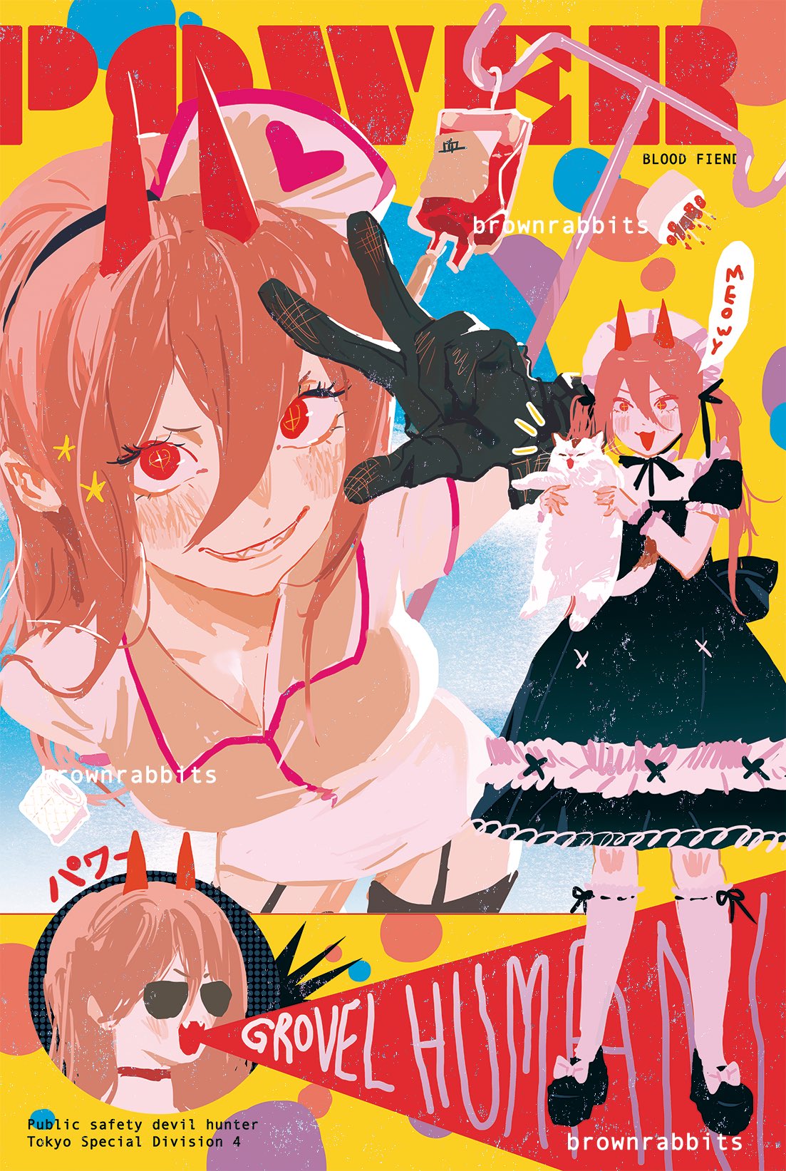 1girl animal black_gloves blood blood_bag brown_hair brownrabbitsart cake cat chainsaw_man collared_shirt cover cross-shaped_pupils dress emphasis_lines fangs food garter_straps gloves hair_between_eyes hair_ribbon hat highres holding holding_animal holding_cat horns long_hair magazine_cover maid maid_headdress meowy_(chainsaw_man) nurse_cap open_mouth pink_hair power_(chainsaw_man) red_eyes red_horns ribbon shirt smile socks strawberry_shortcake sunglasses twintails v white_cat white_dress white_socks wrist_cuffs