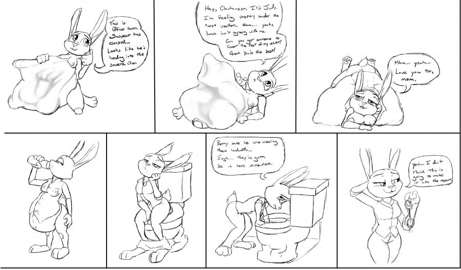 2018 anthro belly big_belly bottomwear bottomwear_down breasts clothed clothing comic cuff_(restraint) dialogue digestion disney drinking english_text female handcuffs hyper hyper_belly judy_hopps lagomorph leporid mammal metal_cuffs monochrome nick_wilde nipples oral_vore pants pants_down partially_clothed rabbit restraints scut_tail short_tail silent_e sitting smile text toilet vore zootopia