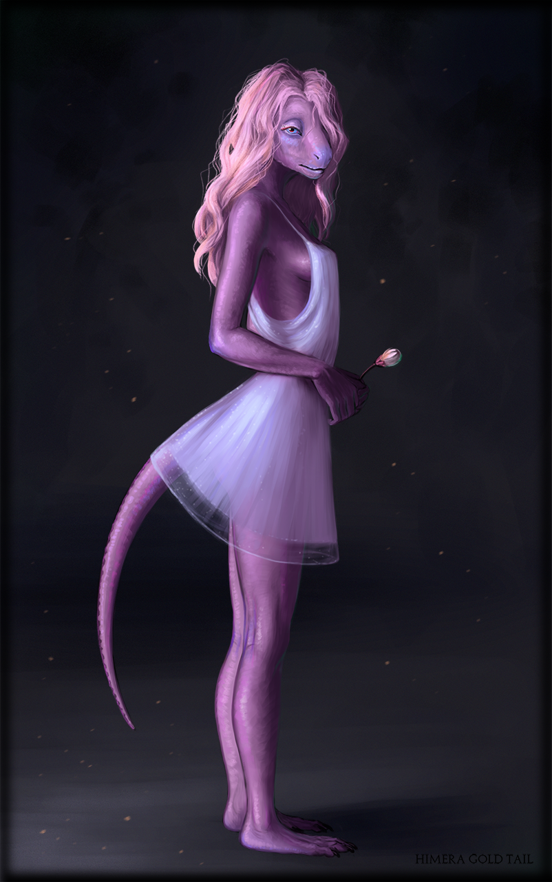 anthro artist_name blue_eyes clothed clothing dress female flower full-length_portrait glistening glistening_eyes hair hi_res himeragoldtail holding_flower holding_object looking_at_viewer messy_hair mouth_closed pink_hair plant portrait purple_body purple_scales scales scalie side_view simple_background solo standing wavy_hair white_clothing white_dress