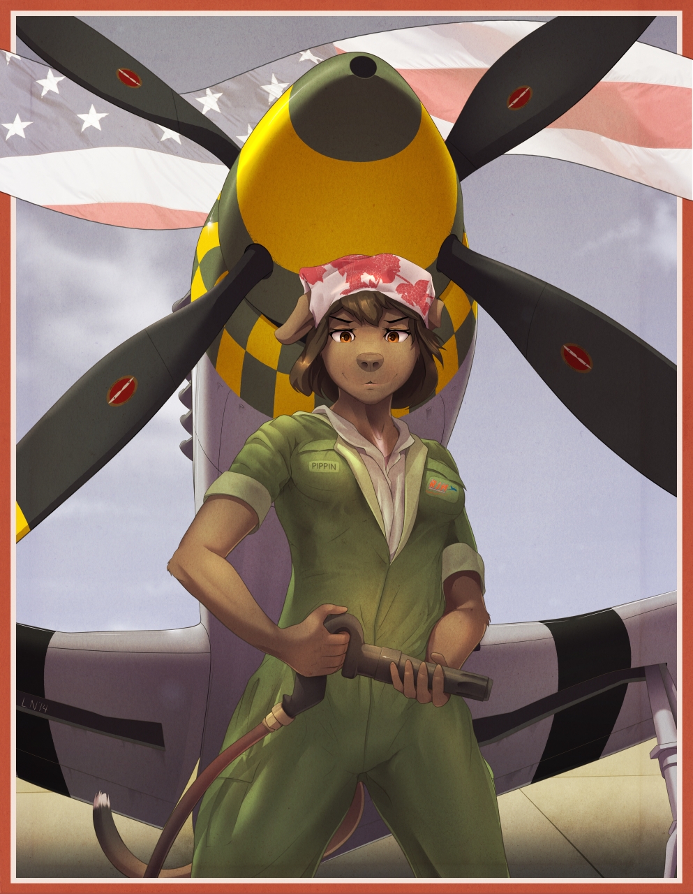 2014 aircraft airplane anthro breasts brown_body brown_eyes brown_fur brown_hair canid canine canis clothing digital_media_(artwork) domestic_dog female fur green_clothing hair headkerchief hi_res holding_object jumpsuit kerchief littlenapoleon looking_at_viewer mammal propeller shirt short_hair smile solo stars_and_stripes topwear united_states_of_america