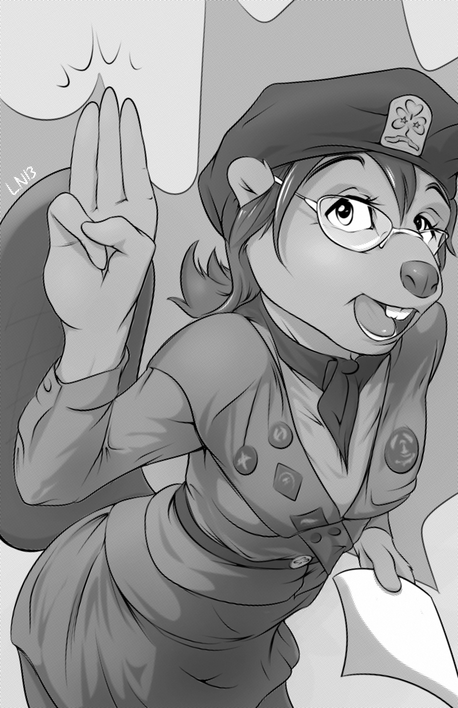 2013 5_fingers anthro beaver breasts buckteeth clothing digital_media_(artwork) eyewear female fingers fur gesture glasses hair hat headgear headwear holding_object holding_paper littlenapoleon looking_at_viewer mammal neckerchief paper rodent scout_uniform simple_background smile solo teeth uniform