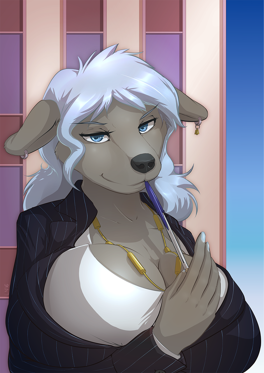 2016 anthro balina_mejeri_(balina) big_breasts black_nose blue_eyes bovid bovine breasts brown_body brown_fur canid cattle clothing digital_media_(artwork) ear_piercing ear_ring female fur hair hi_res holding_object holding_pen hybrid littlenapoleon looking_at_viewer mammal pattern_clothing pattern_shirt pattern_topwear pen piercing ring_piercing shirt smile solo striped_clothing striped_shirt striped_topwear stripes topwear