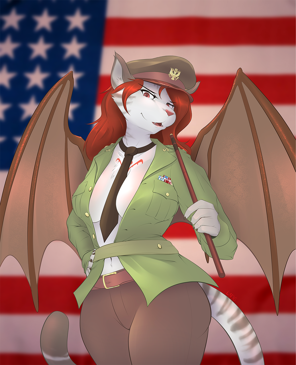 2016 anthro breasts clothing digital_media_(artwork) felid female fur hair hat headgear headwear hi_res holding_object littlenapoleon looking_at_viewer mammal membrane_(anatomy) membranous_wings military_uniform navel necktie pantherine red_hair sedire_(deiser) smile solo stars_and_stripes tiger uniform united_states_of_america white_body white_fur wings