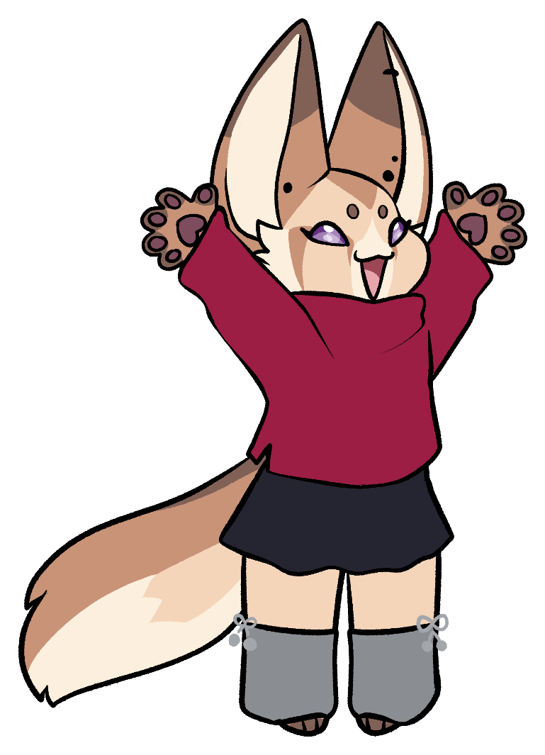 anthro arms_wide bottomwear brown_body brown_fur canid canine chibi clothing embrace erroremma female fennec fox fur gaiters happy hug invalid_tag lexi_(erroremma) mammal pom_poms skirt smile solo sweater topwear