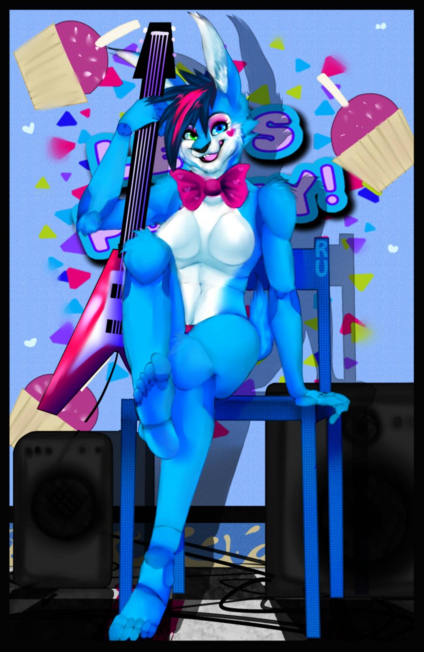 2016 animatronic anthro barefoot blue_body blue_eyes blue_fur bow_tie breasts buckteeth chair clothing crossgender electric_guitar eoki-san_(artist) eyeshadow featureless_breasts feet female five_nights_at_freddy's five_nights_at_freddy's_2 fur furniture green_eyes guitar hair hand_on_chair heart_(marking) heterochromia hi_res holding_guitar humanoid joints lagomorph leporid machine makeup mammal mohawk multicolored_body multicolored_fur multicolored_hair musical_instrument non-mammal_breasts on_chair open_mouth open_smile panties plucked_string_instrument rabbit raised_foot raised_tail robot scottgames sitting sitting_on_chair smile solo solo_focus speaker string_instrument teeth tongue toy_bonnie_(fnaf) two_tone_body two_tone_fur two_tone_hair underwear video_games white_body white_fur wire