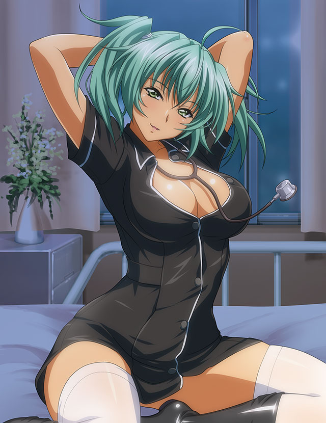 1girl alternate_costume aqua_hair arms_up bangs black_footwear black_shirt boots breasts cleavage collared_shirt dress_shirt green_eyes hair_between_eyes head_tilt ikkitousen indoors infirmary knee_boots large_breasts long_hair open_mouth ryofu_housen shiny shiny_hair shirt short_sleeves solo stethoscope thighhighs twintails white_thighhighs wing_collar