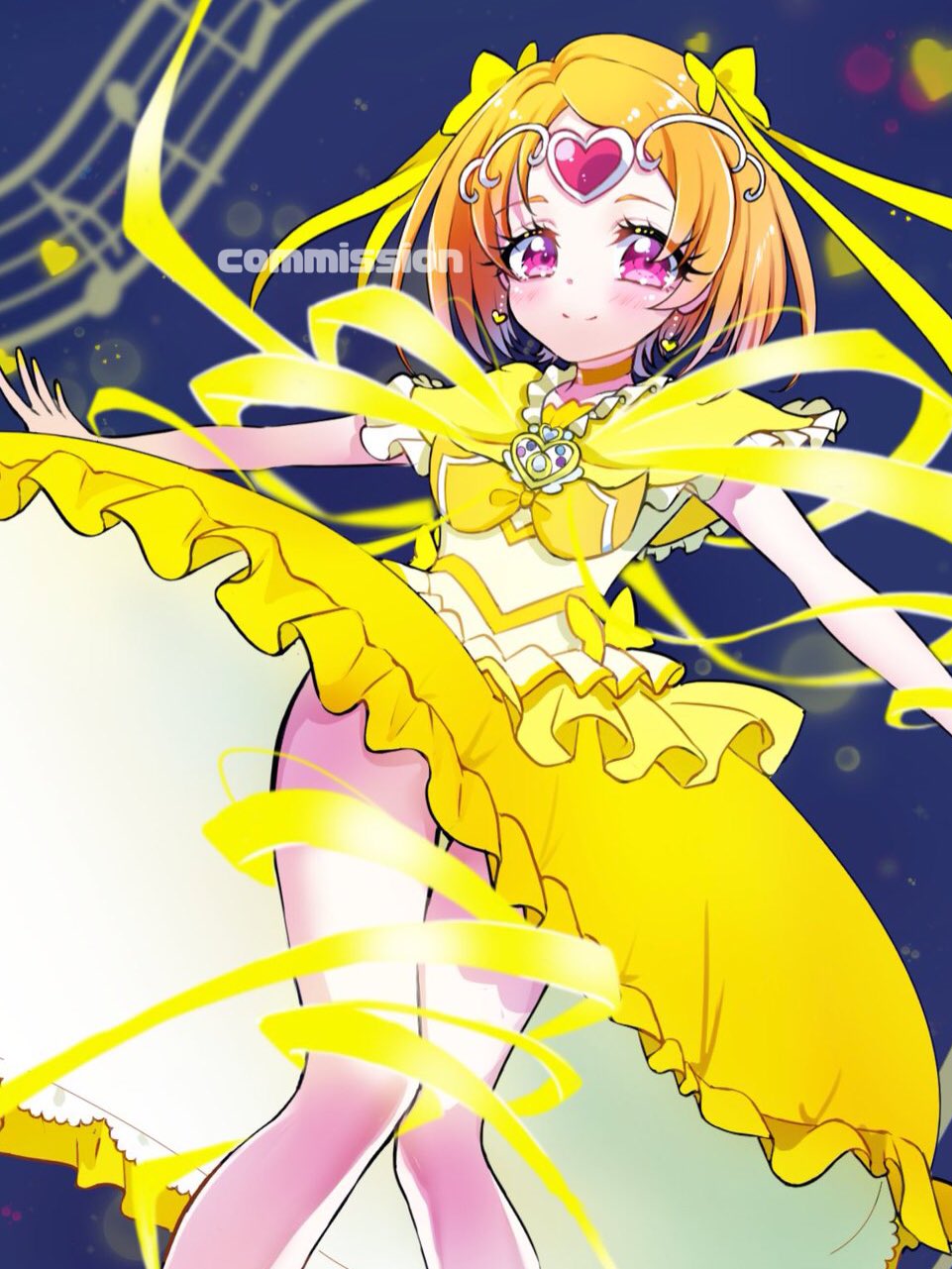 1girl black_background bow brooch bubble_skirt capelet choker commission cure_muse_(yellow) highres jewelry miisu_(minirose) musical_note orange_hair precure shirabe_ako short_hair short_sleeves skeb_commission skirt solo suite_precure tiara transformation yellow_bow yellow_choker