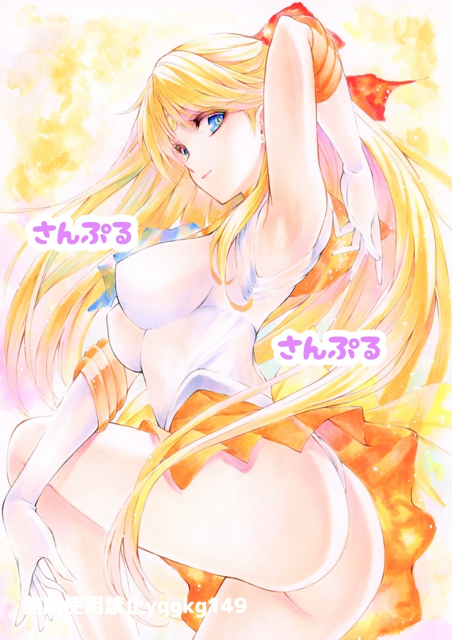 1girl aino_minako armpits artist_name ass bangs bishoujo_senshi_sailor_moon blonde_hair blue_eyes bow breasts closed_mouth commentary_request elbow_gloves gloves hair_bow highres jewelry leotard leotard_under_clothes lips long_hair looking_at_viewer medium_breasts miniskirt pleated_skirt sailor_senshi_uniform sailor_venus signature simple_background skirt sleeveless smile thighs tiara traditional_media yqgkg