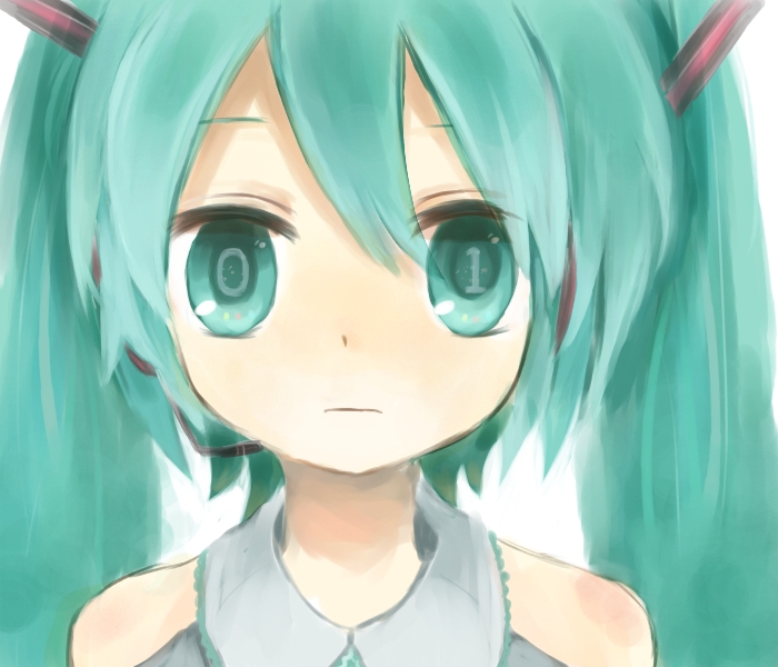 1girl aqua_eyes aqua_hair bare_shoulders close-up commentary_request electric_angel_(vocaloid) expressionless grey_shirt hatsune_miku long_hair looking_at_viewer necktie number_in_eye roy-n shirt sleeveless sleeveless_shirt smile solo symbol_in_eye twintails upper_body vocaloid