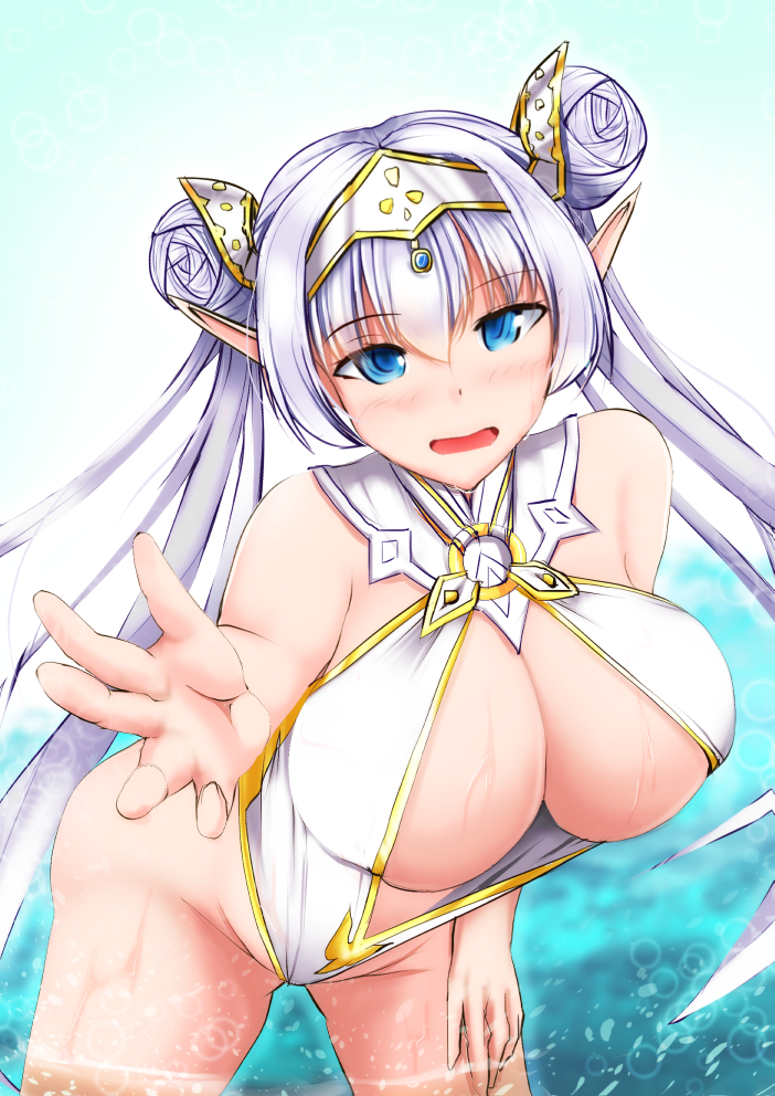 1girl bangs bare_shoulders blue_eyes blush breasts britomart_(fate) center_opening cleavage double_bun fate/grand_order fate_(series) gold_one-piece_swimsuit gold_trim grey_hair hair_bun hairband highleg highleg_swimsuit large_breasts leaning_forward long_hair looking_at_viewer o-ring one-piece_swimsuit open_mouth outstretched_arm pointy_ears smile solo swimsuit taut_clothes taut_swimsuit tetsuhige thighs twintails two-tone_swimsuit very_long_hair wading water wet white_one-piece_swimsuit