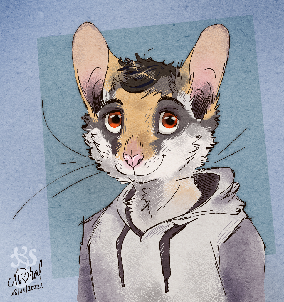anthro brown_hair clothing dormouse hair looking_at_viewer male mammal nivral red_eyes rodent simple_background smile smiling_at_viewer solo sweater topwear whiskers