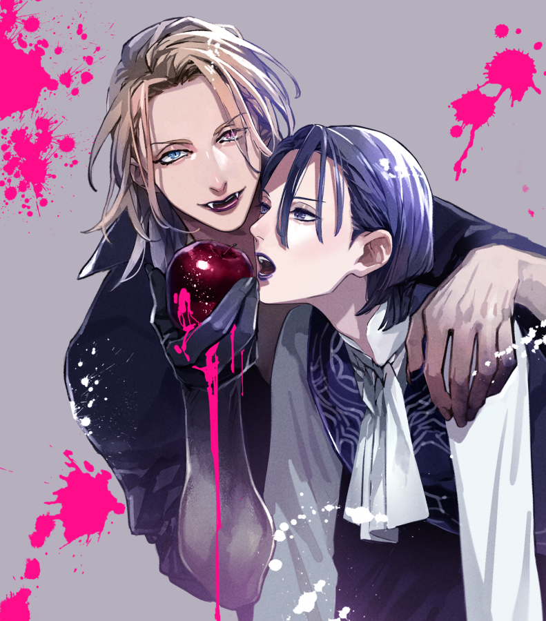 2boys arm_around_shoulder ascot bangs black_shirt blood blood_on_hands blood_splatter blue_eyes blue_hair blue_vest eyeshadow fangs food fruit grey_background grey_eyeshadow hair_between_eyes hand_on_another's_shoulder heterochromia hijirikawa_masato holding holding_food holding_fruit jinguuji_ren lipstick looking_at_viewer makeup male_focus medium_hair multiple_boys open_clothes open_mouth open_shirt orange_hair oreebis_re parted_bangs parted_lips pink_blood pink_eyes purple_lips shirt short_hair simple_background sleeves_rolled_up smile upper_body uta_no_prince-sama vampire vest white_ascot white_shirt