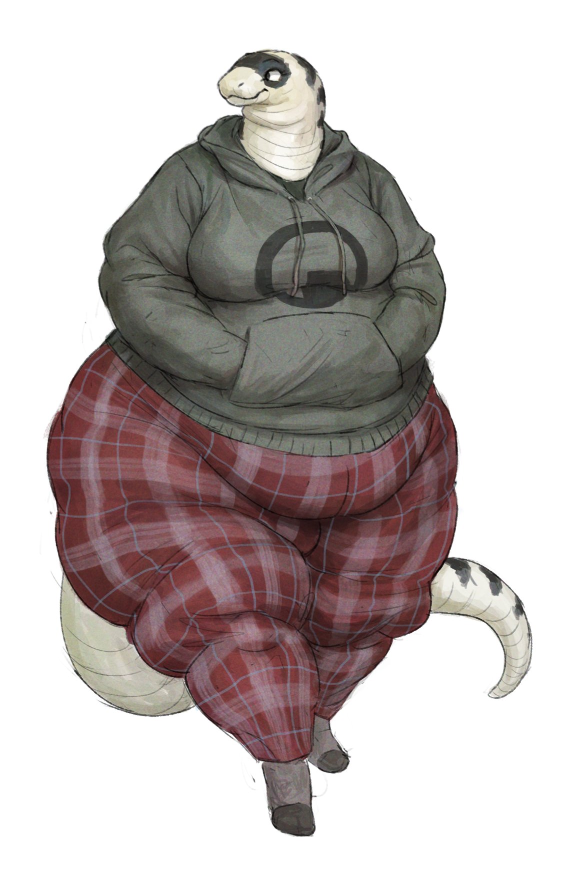 anthro black_mesa bottomwear california_kingsnake cettus clothing female footwear hand_in_pocket hi_res hoodie maeve_gibson obese obese_anthro obese_female overweight overweight_anthro overweight_female pants pockets reptile scalie simple_background snake socks solo sweatpants topwear walking white_background wide_hips