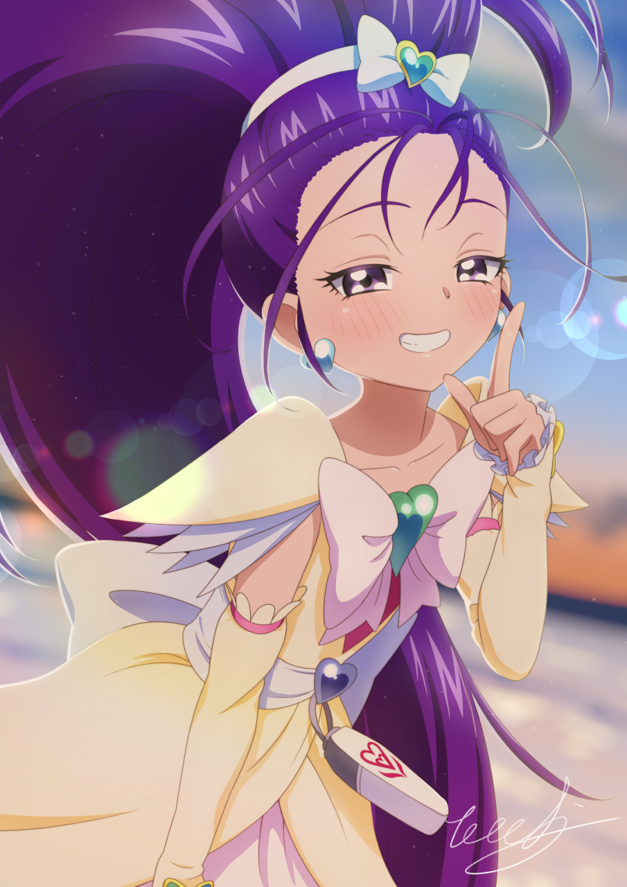 1girl arm_warmers birthday bow brooch cowboy_shot cure_egret day dress futari_wa_precure_splash_star hairband happy_birthday heart_brooch highres jewelry long_hair looking_at_viewer mishou_mai outdoors pouch precure purple_eyes purple_hair signature smile solo tiler_(tiler00) white_bow white_dress