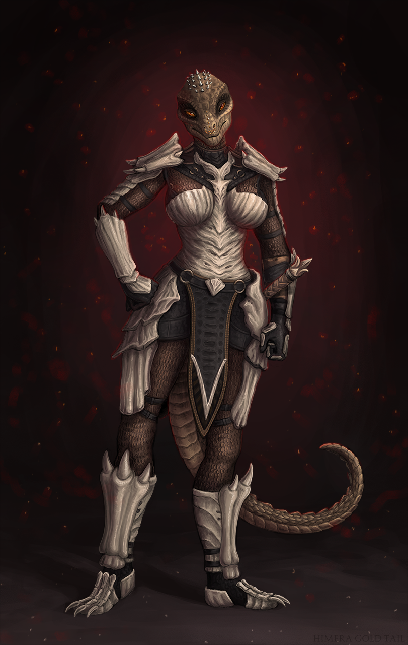 anthro argonian armor artist_name bethesda_softworks black_loincloth brown_body brown_scales chainmail clothed clothing dragon_scale_armor facial_piercing female full-length_portrait hand_on_hip hi_res himeragoldtail looking_at_viewer mouth_closed nose_piercing nose_ring orange_eyes piercing portrait ring_piercing scales scalie septum_piercing septum_ring simple_background skyrim solo standing the_elder_scrolls video_games