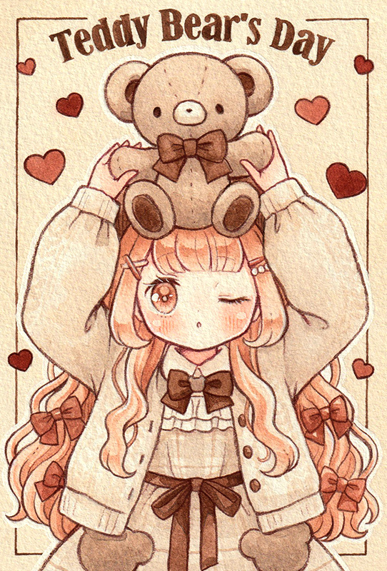 1girl bangs blush bow brown_bow brown_cardigan brown_dress brown_ribbon cardigan collar curly_hair dress english_text hair_bow hair_ornament hairpin heart holding holding_stuffed_toy light_brown_background lolita_fashion long_hair long_sleeves looking_at_viewer multiple_hairpins object_on_head one_eye_closed orange_bow orange_eyes orange_hair original outside_border parted_lips ribbon sakano_machi solo stuffed_animal stuffed_toy teddy_bear two-tone_dress white_collar