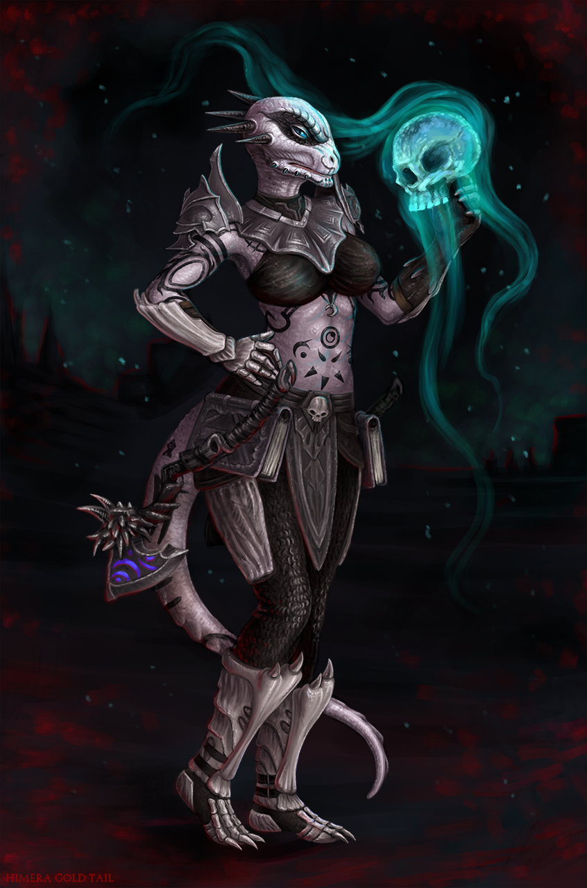 anthro armor artist_name black_bra black_clothing black_horn black_underwear blue_eyes bra chainmail clothed clothing female full-length_portrait hi_res himeragoldtail horn looking_at_viewer magic_user mouth_closed outside portrait scales scalie solo standing unconvincing_armor underwear white_body white_scales