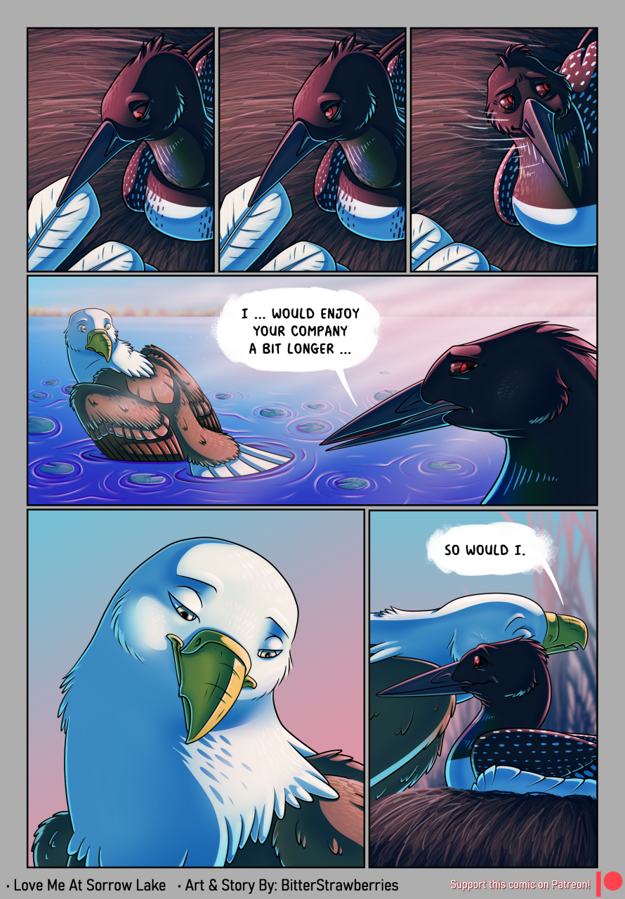 accipitrid accipitriform avian bald_eagle beak bird bitterstrawberries comic digital_media_(artwork) duo eagle english_text feathers female female/female feral half-closed_eyes hi_res laurel_(bitterstrawberries) looking_away looking_down looking_up loon narrowed_eyes nuzzling sea_eagle smile sunrise surprise surprised_expression tail_pull text water zandra_(bitterstrawberries)