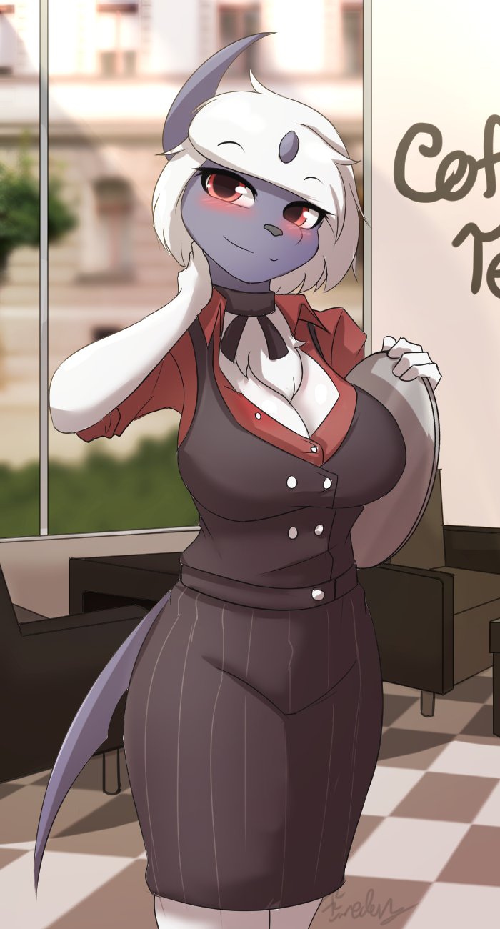 2022 absol anthro blush breasts cafe chest_tuft cleavage clothed clothing female fredory fur generation_3_pokemon hair hi_res looking_at_viewer nintendo pokemon pokemon_(species) red_eyes shirt solo topwear tuft video_games white_body white_fur white_hair