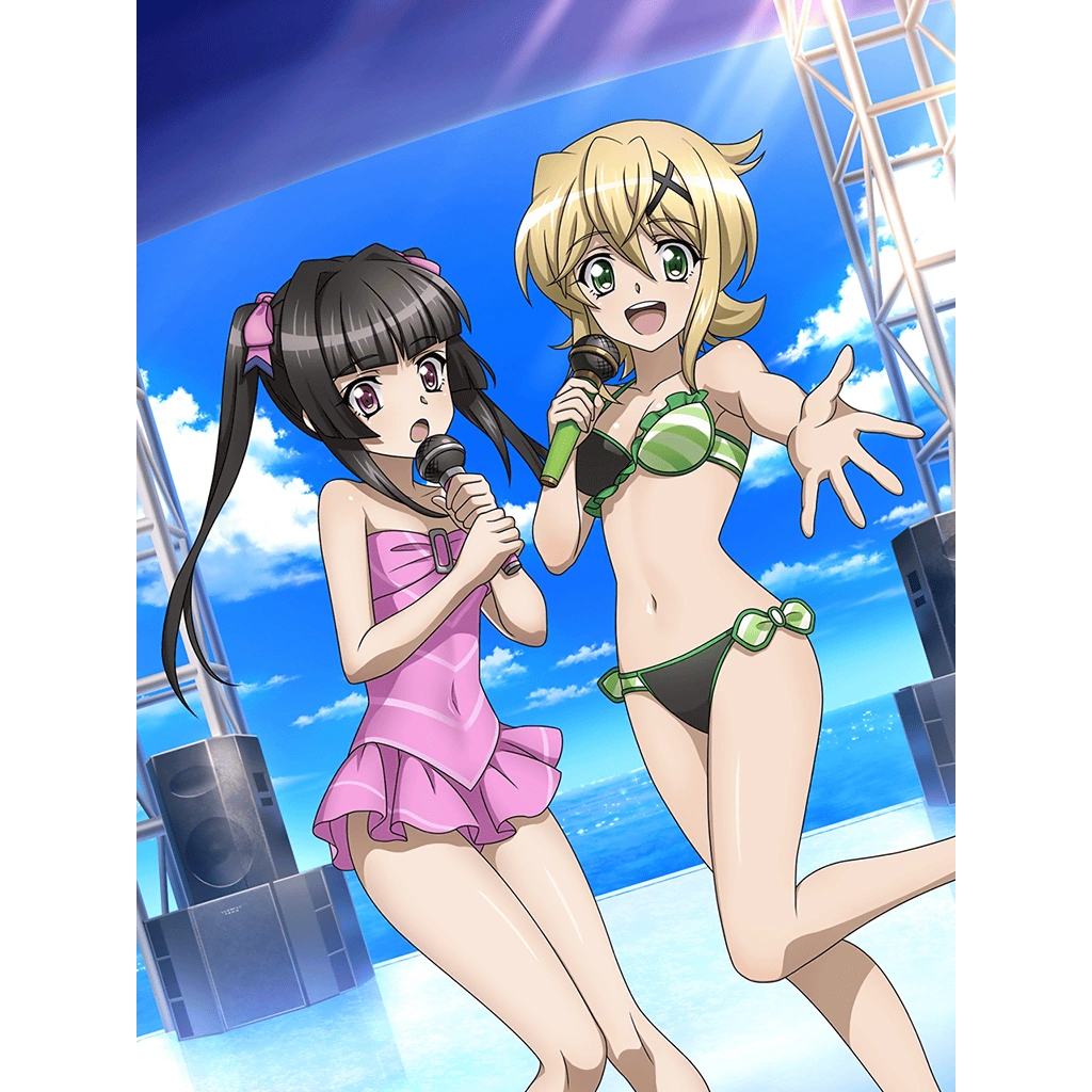 2girls akatsuki_kirika artist_request bad_source bikini black_bikini black_hair blonde_hair blush breasts covered_navel green_bikini green_eyes green_stripes hair_ornament hair_ribbon long_hair looking_at_viewer microphone multicolored_bikini multicolored_clothes multiple_girls ocean official_art open_mouth pink_eyes pink_one-piece_swimsuit ribbon senki_zesshou_symphogear senki_zesshou_symphogear_xd_unlimited shiny shiny_hair short_hair sky small_breasts smile stage swimsuit swimsuit_skirt tsukuyomi_shirabe twintails x_hair_ornament