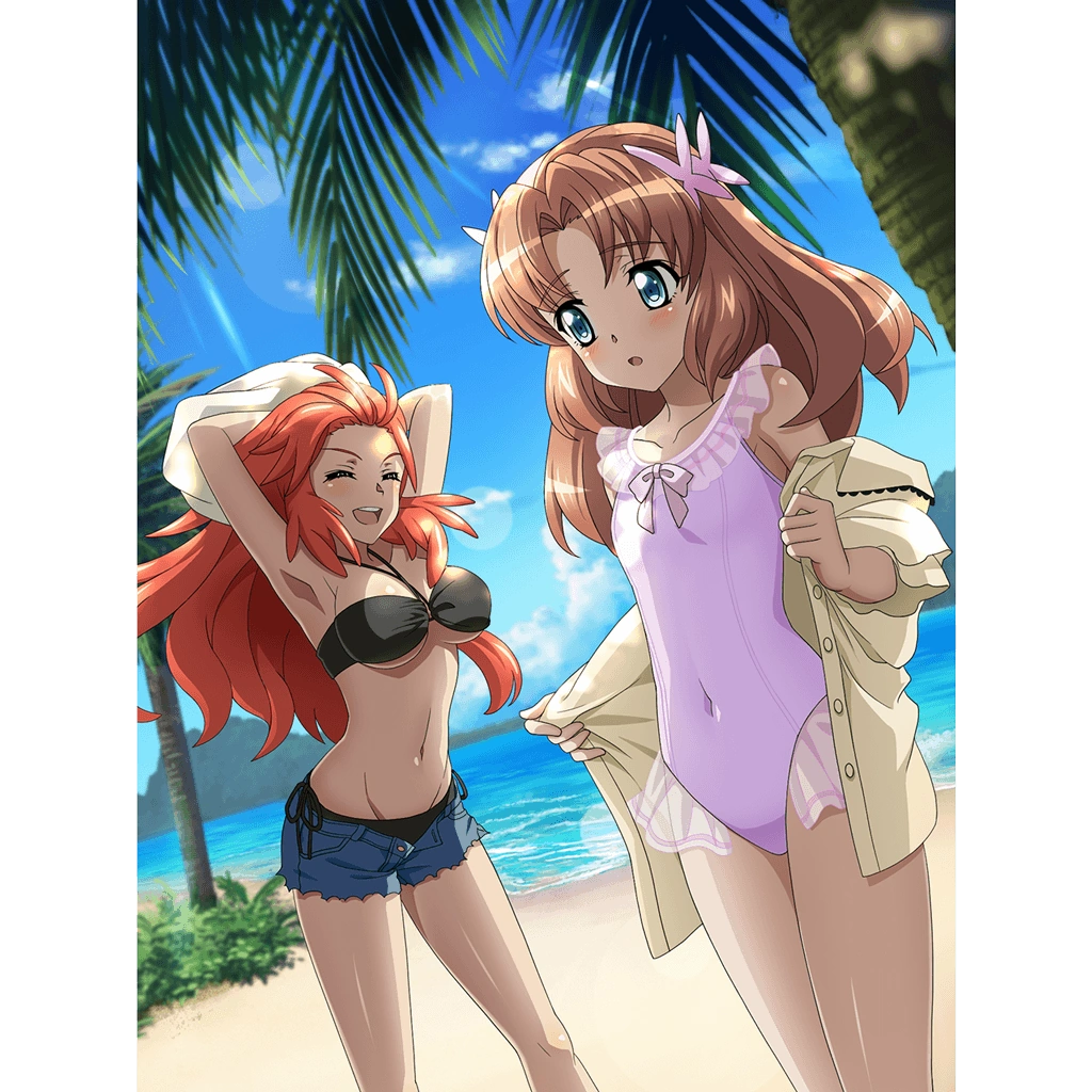 2girls amou_kanade artist_request bad_source beach bikini black_bikini blue_eyes blue_shorts blush breasts brown_hair cleavage closed_eyes covered_navel flower hair_flower hair_ornament large_breasts long_hair multiple_girls navel ocean official_art open_clothes open_mouth open_shorts outdoors palm_tree pink_one-piece_swimsuit red_hair senki_zesshou_symphogear senki_zesshou_symphogear_xd_unlimited serena_cadenzavna_eve shiny shiny_hair short_shorts shorts side-tie_bikini_bottom sky small_breasts smile swimsuit tree undressing