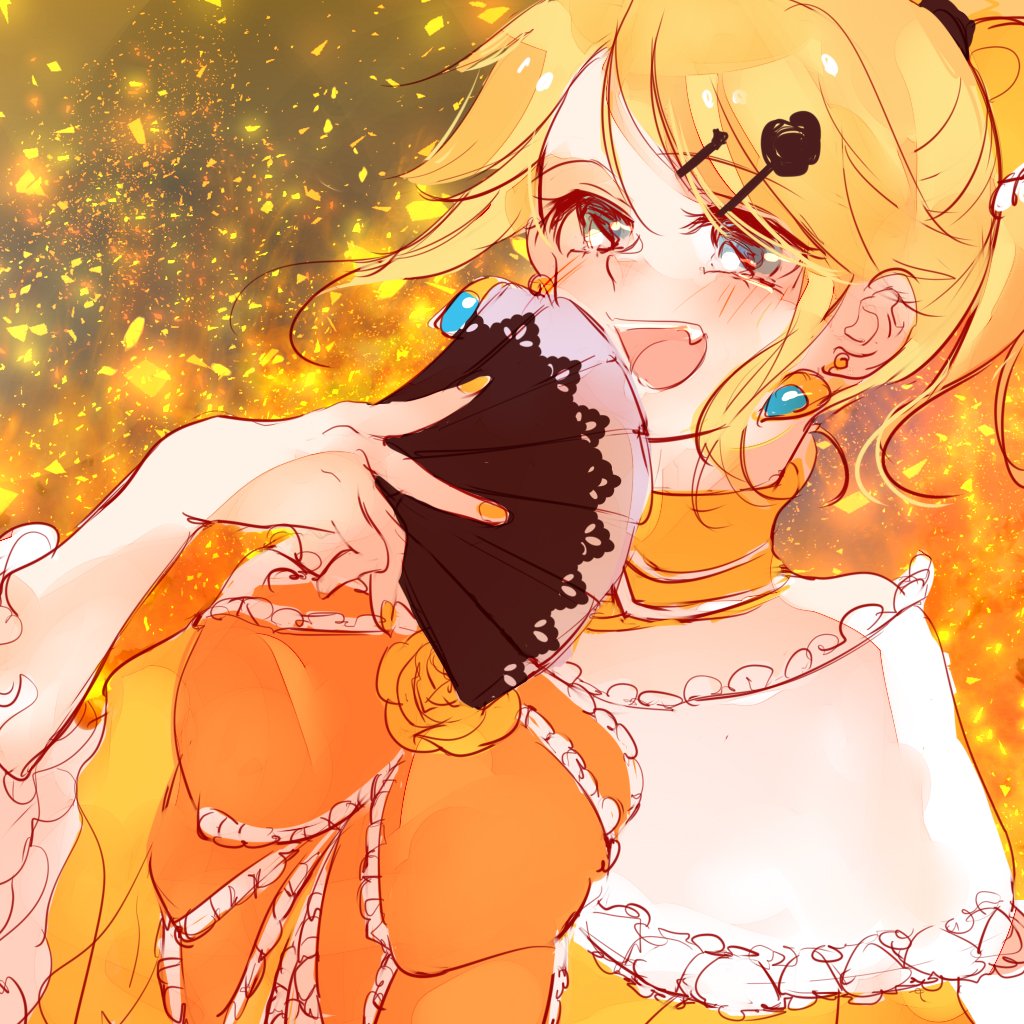 bare_shoulders blonde_hair blue_eyes blush bow choker covering_mouth dress dress_bow earrings embers evillious_nendaiki fangs fire frilled_choker frills hair_bow hair_ornament hairclip hand_fan holding holding_fan jewelry kagamine_rin mimi_mine open_mouth orange_bow ponytail riliane_lucifen_d'autriche sidelocks smile strapless strapless_dress updo vocaloid yellow_bow yellow_choker yellow_dress yellow_nails