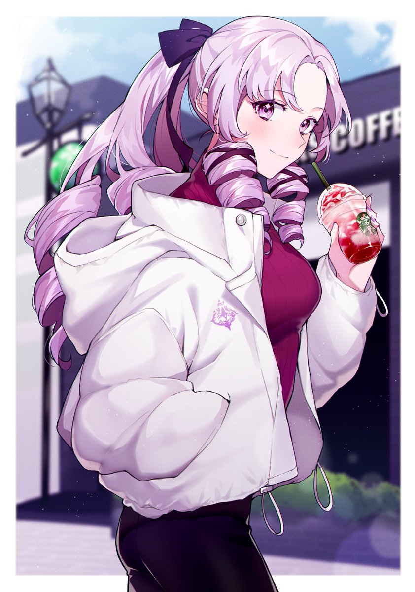1girl akikuriii bangs blush border breasts closed_mouth cowboy_shot cup day drill_hair drinking_straw hair_ribbon hand_in_pocket highres holding holding_cup hood hood_down hooded_jacket hyakumantenbara_salome jacket light_smile long_hair looking_at_viewer medium_breasts nijisanji open_clothes open_jacket outdoors purple_eyes purple_hair red_sweater ribbon solo standing sweater virtual_youtuber white_jacket