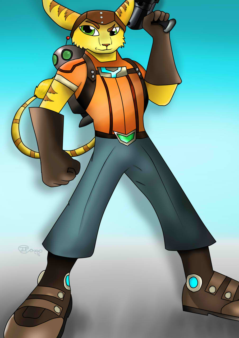 2016 anthro boots bottomwear clank_(ratchet_and_clank) clothed clothing duo ears_up eyebrows fist footwear gloves gun handwear headgear headwear hi_res holding_gun holding_object holding_weapon jimfoxx lombax machine male mammal mouth_closed pants pose raised_eyebrow raised_tail ranged_weapon ratchet ratchet_and_clank robot shirt smile sony_corporation sony_interactive_entertainment standing tail_tuft topwear tuft video_games weapon wide_eyed
