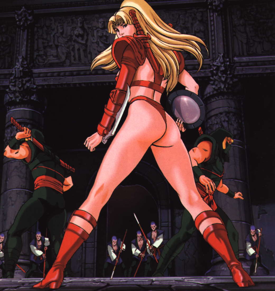 1girl 6+boys 90's 90's 90s armor ass backview blade blonde_hair boots breasts brown_eyes buddhist_priest camouflage cloth_belt column columns discus everyone fingernails from_behind gate group hien_(takeru) highleg holding katana knife long_hair long_sleeves looking_at_viewer looking_back mask mirror multiple_boys muscle ninja oldschool open_clothes open_shirt pants pillar polearm sabre sculpture shaved_head sheath shirt sleeveless sleeveless_shirt spear spread_legs standing sword takeru_(manga) terasawa_buichi vest weapon wristband wristbands