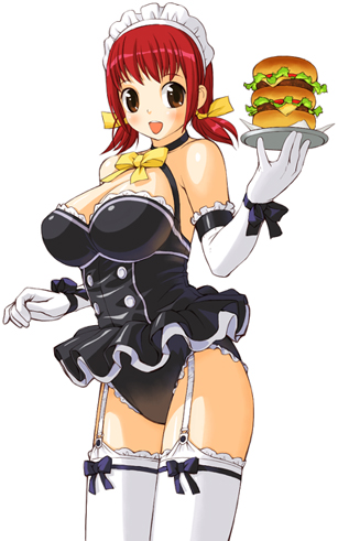 bow breasts brown_eyes cheese_burger food hamburger lingerie lowres maid pigtails red_hair short_twintails smile teddy twintails underwear