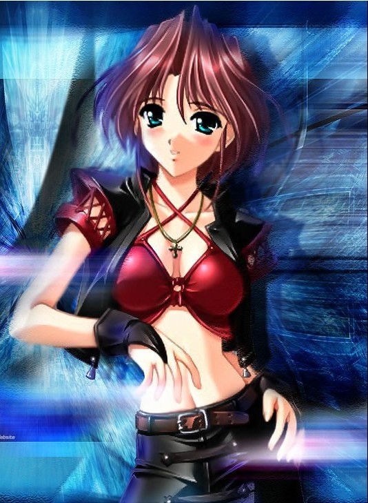 1girl artist_request belt blue_eyes breasts character_request cleavage cross female fingerless_gloves gloves jewelry necklace red_hair solo source_request