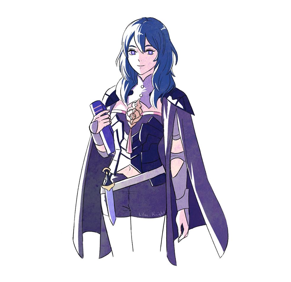 1girl armor artist_name black_armor black_shorts blue_eyes blue_hair book byleth cape closed_mouth fire_emblem fire_emblem:_fuukasetsugetsu holding holding_book knife lilac_knight long_hair navel nintendo shorts simple_background solo white_background