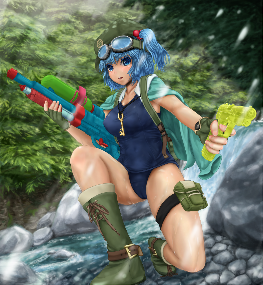 backpack bag blue_eyes blue_hair blush boots breasts cameltoe duplicate fingerless_gloves gloves goggles hair_bobbles hair_ornament hat kawashiro_nitori key kneeling large_breasts miyakouji one-piece_swimsuit pouch rock school_swimsuit solo stream swimsuit thigh_strap touhou twintails water water_gun