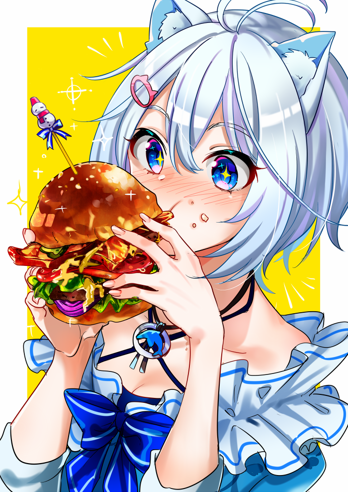 +_+ 1girl animal_ears antenna_hair blue_bow blue_dress blue_eyes blush bow breasts cat_ears cleavage collarbone dennou_shoujo_youtuber_shiro dolphin_pendant dress eating food food_on_face hair_between_eyes hair_ornament hairclip hamburger holding holding_food long_sleeves shiro_(dennou_shoujo_youtuber_shiro) short_hair silver_hair sketch snowman solo tomato virtual_youtuber yellow_background yodare_(3yami8)