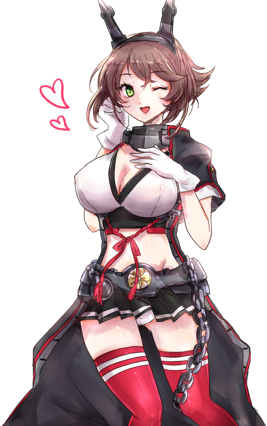 1girl black_jacket breasts brown_hair chains chemaru_(a8l) cleavage collar collarbone flipped_hair gloves green_eyes hand_on_own_chest headgear heart highres jacket kantai_collection large_breasts looking_at_viewer metal_belt metal_collar midriff mutsu_(kantai_collection) one_eye_closed open_clothes open_jacket open_mouth panties pantyshot pantyshot_(standing) red_legwear remodel_(kantai_collection) short_hair short_sleeves simple_background solo spoken_heart standing thighhighs underwear upper_body white_background white_gloves white_panties