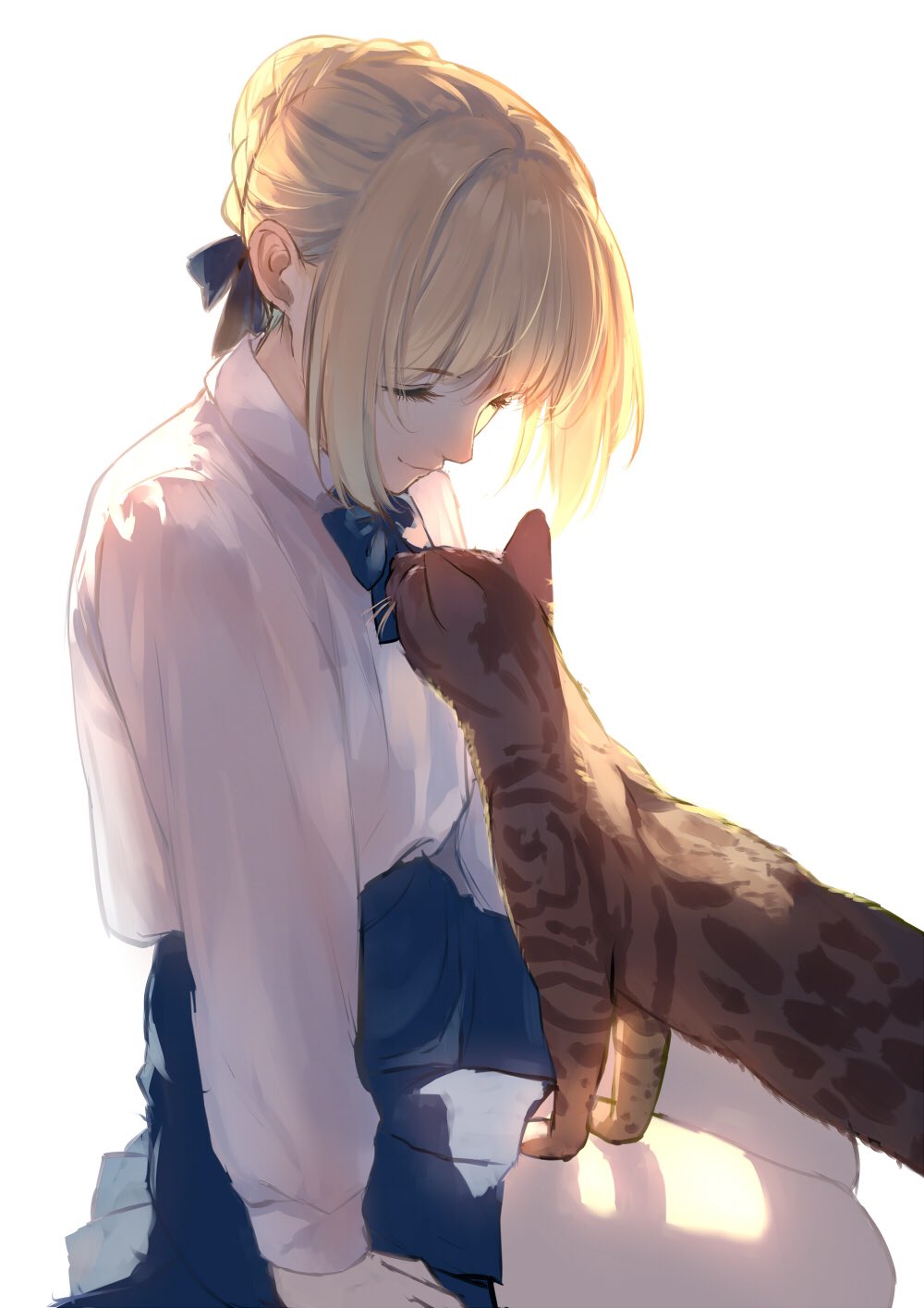 1girl animal arm_at_side arm_support artoria_pendragon_(all) backlighting bangs blonde_hair blouse blue_neckwear blue_ribbon blue_skirt bow bowtie braid brown_cat caidychen cat closed_mouth collared_blouse commentary english_commentary eyelashes fate/stay_night fate_(series) french_braid hair_bun hair_intakes hair_ribbon high-waist_skirt highres long_sleeves looking_down looking_up medium_skirt no_legwear pleated_skirt ribbon saber shiny shiny_hair sidelocks simple_background sitting skirt smile white_background white_blouse yokozuwari