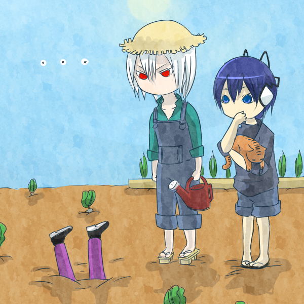 ... angry blue_eyes blue_hair buried cat cousins covering covering_face covering_mouth curious farm gardening geta hat headphones loki loki_(devil_survivor) megami_ibunroku_devil_survivor naoya overalls protagonist_(devil_survivor) red_eyes sandals shorts siblings straw_hat watering_can white_hair
