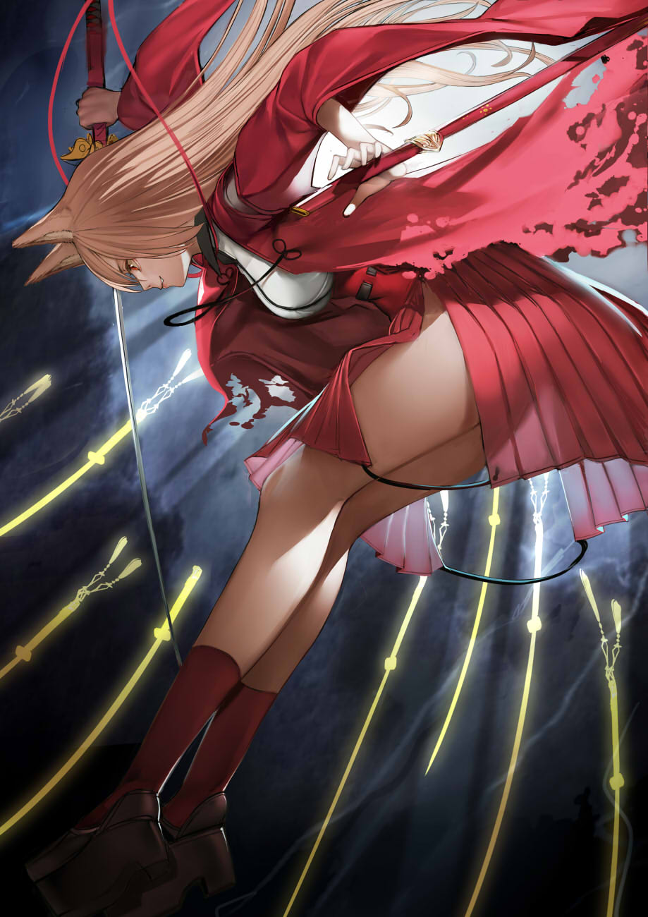 1girl animal_ears fate/extra fate/extra_ccc fate/extra_ccc_fox_tail fate/grand_order fate_(series) fox_ears grin highres katana long_hair no_panties nyatabe platform_footwear profile red_legwear sheath side_slit skirt smile suzuka_gozen_(fate) sword thighs weapon wide_sleeves