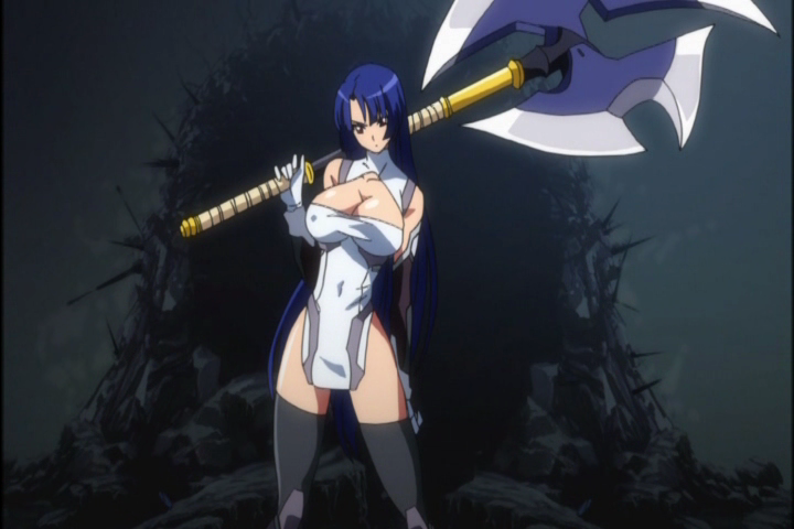 :| arm_behind_back axe bangs bare_shoulders black_legwear blue_hair blunt_bangs breasts cleavage cleavage_cutout closed_mouth covered_navel cowboy_shot dress elbow_gloves gloves halterneck head_tilt hime_cut holding holding_axe holding_weapon huge_weapon large_breasts legs_apart long_hair looking_at_viewer makai_kishi_ingrid ninja over_shoulder pelvic_curtain red_eyes screencap serious short_dress slender_waist solo standing taimanin_(series) taimanin_murasaki taut_clothes thighhighs turtleneck v-shaped_eyebrows very_long_hair weapon white_dress yatsu_murasaki