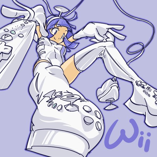 1girl blue_eyes blue_hair console epic looking_down lowres nintendo personification purple_background simple_background wii wii-tan wiimote