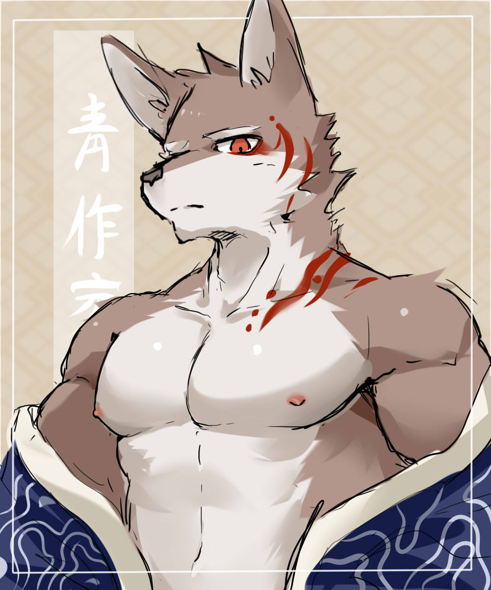abs anthro canid canine chung0_0 clothing digital_media_(artwork) fur hi_res male mammal muscular muscular_male nipples pecs simple_background solo tattoo